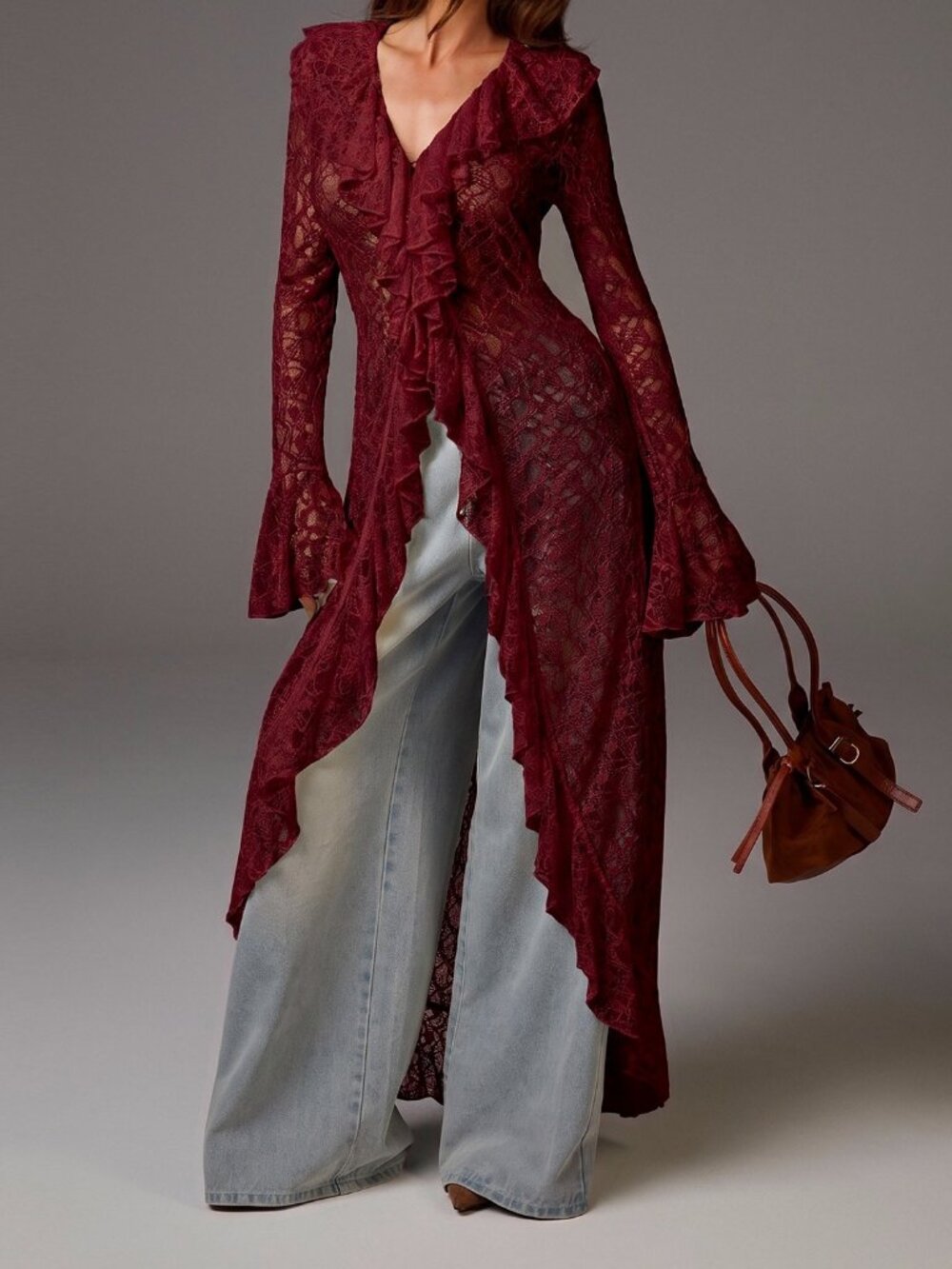 Red Elegant Women's Sheer Ruffle Flare Sleeve Long Dress